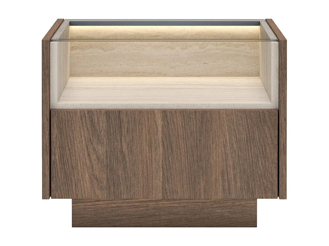 Conjunto de 2 mesitas de noche con 1 cajón y 1 hueco - Con LEDs - Color: Natural oscuro y travertino - ALIVENTO
