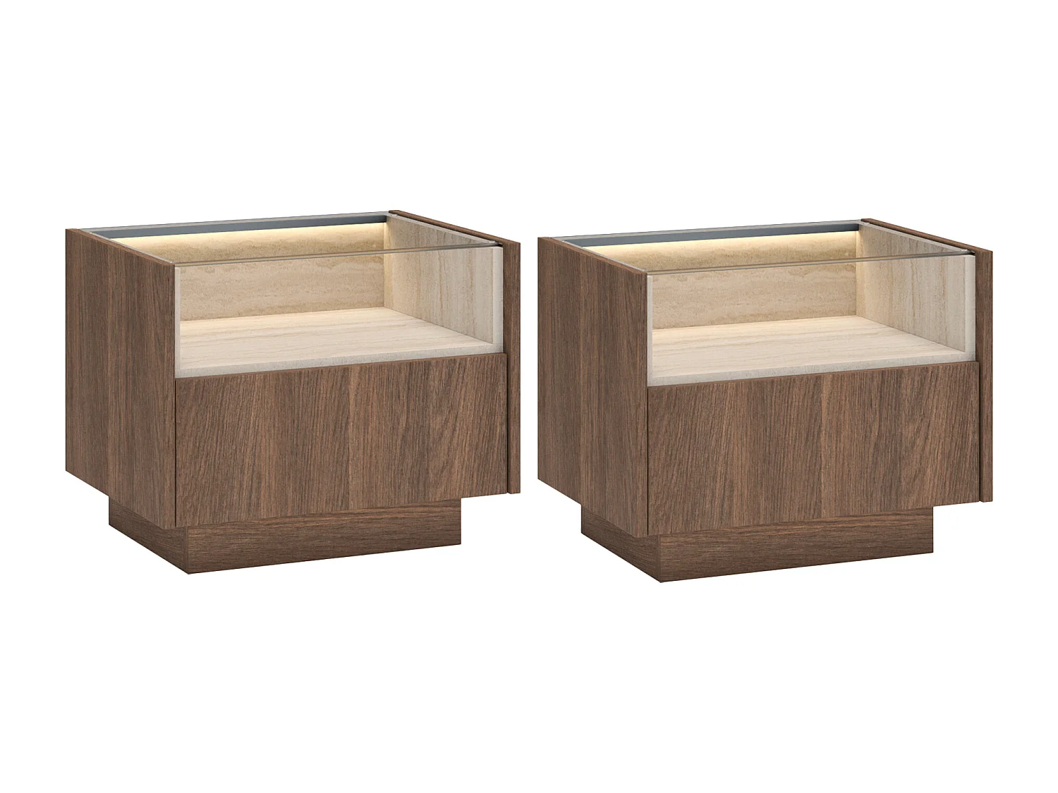 Conjunto de 2 mesitas de noche con 1 cajón y 1 hueco - Con LEDs - Color: Natural oscuro y travertino - ALIVENTO