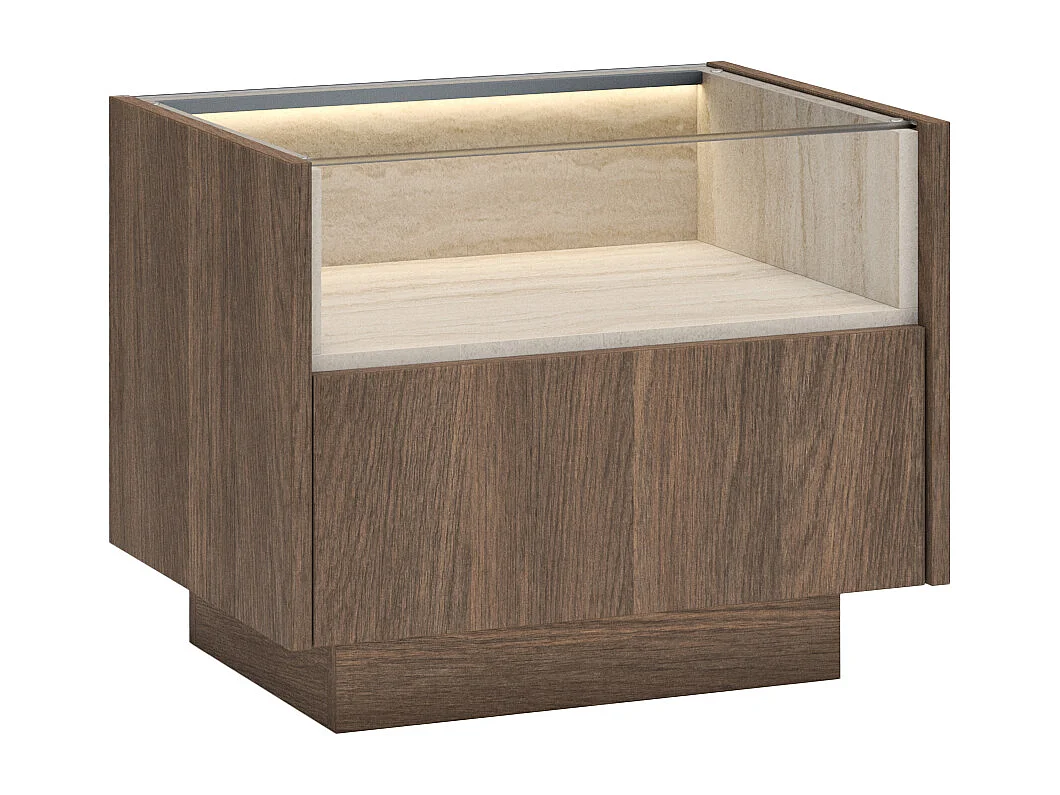 Conjunto de 2 mesitas de noche con 1 cajón y 1 hueco - Con LEDs - Color: Natural oscuro y travertino - ALIVENTO