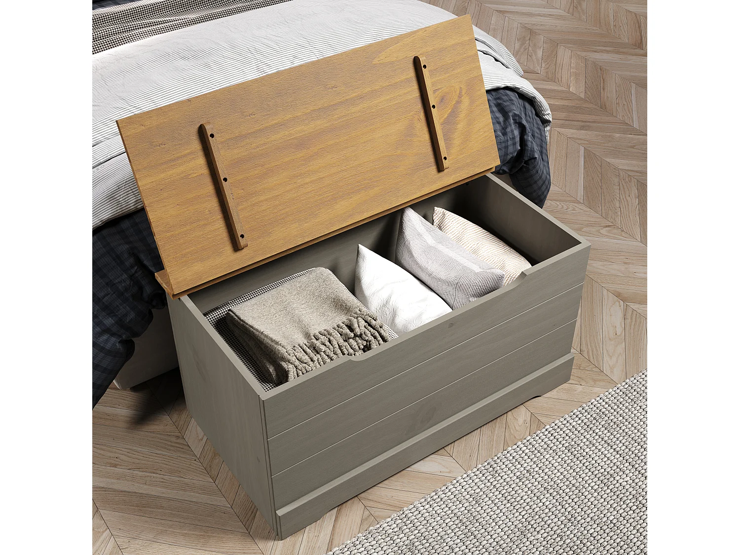 Corona Grey Compact Storage Chest & Blanket Box, Solid Pine Wood with Grey Wax