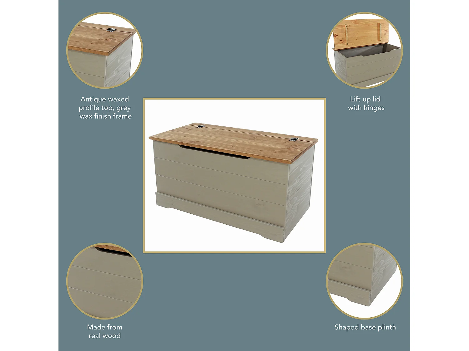 Corona Grey Compact Storage Chest & Blanket Box, Solid Pine Wood with Grey Wax