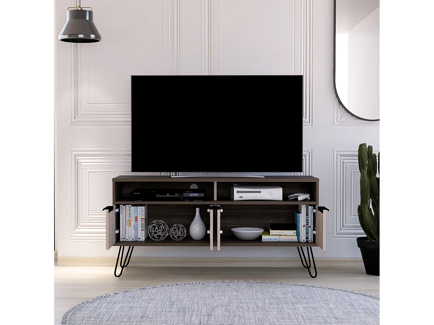 Nevada Wide Screen TV Rack with 4 Doors, Deep Oak-Effect Finish