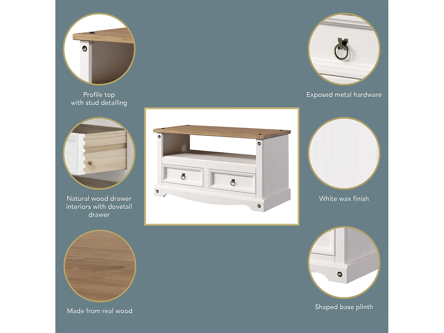 Corona 2-Drawer TV Stand Unit, Solid Waxed Wood