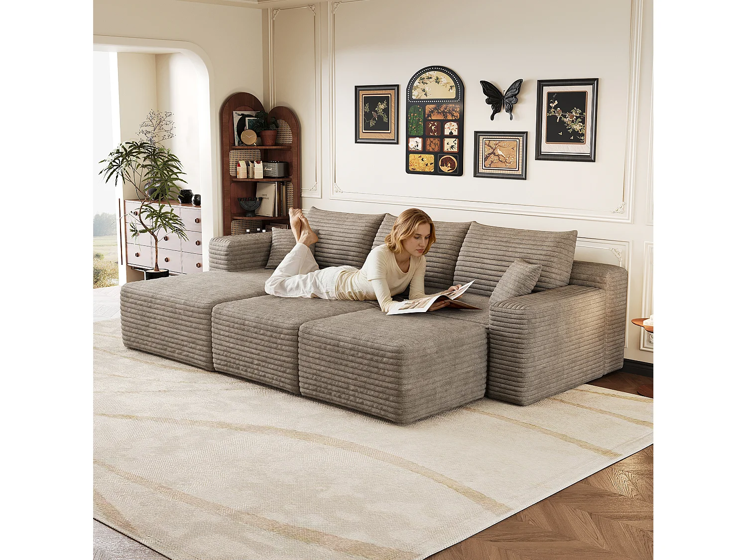 Canapé en L, avec deux repose-pieds, angle à gauche, assise profonde, motif « nuages », prêt à l'emploi, couleur camel
