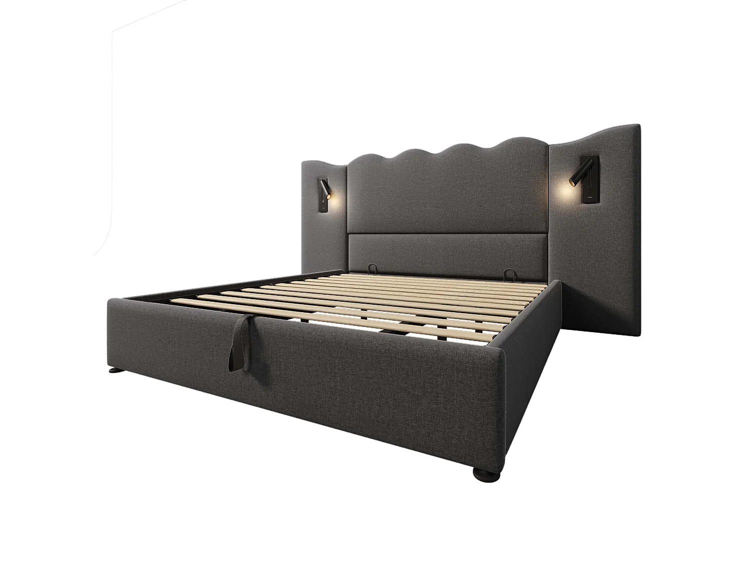Lit double rembourré 180 × 200, avec lampe de lecture et port de recharge USB Type-C, espace de rangement, tissu en lin,gris