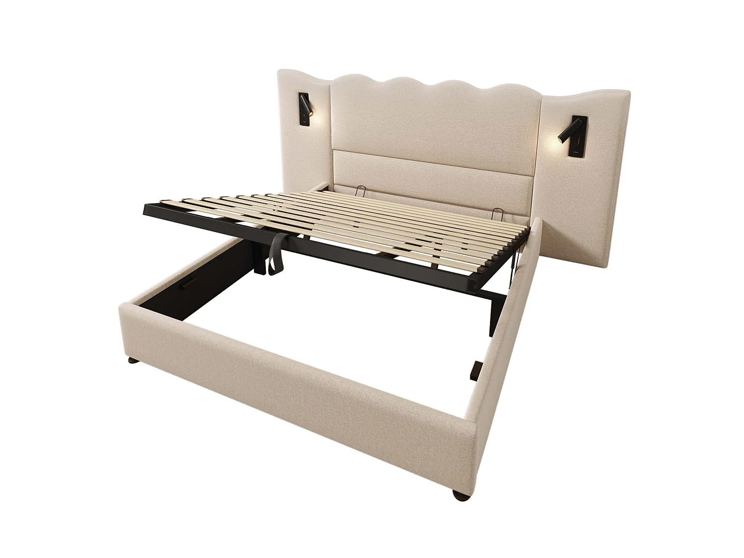 Lit double rembourré 180 × 200, avec lampe de lecture et port de recharge USB Type-C, espace de rangement, tissu en lin,beige