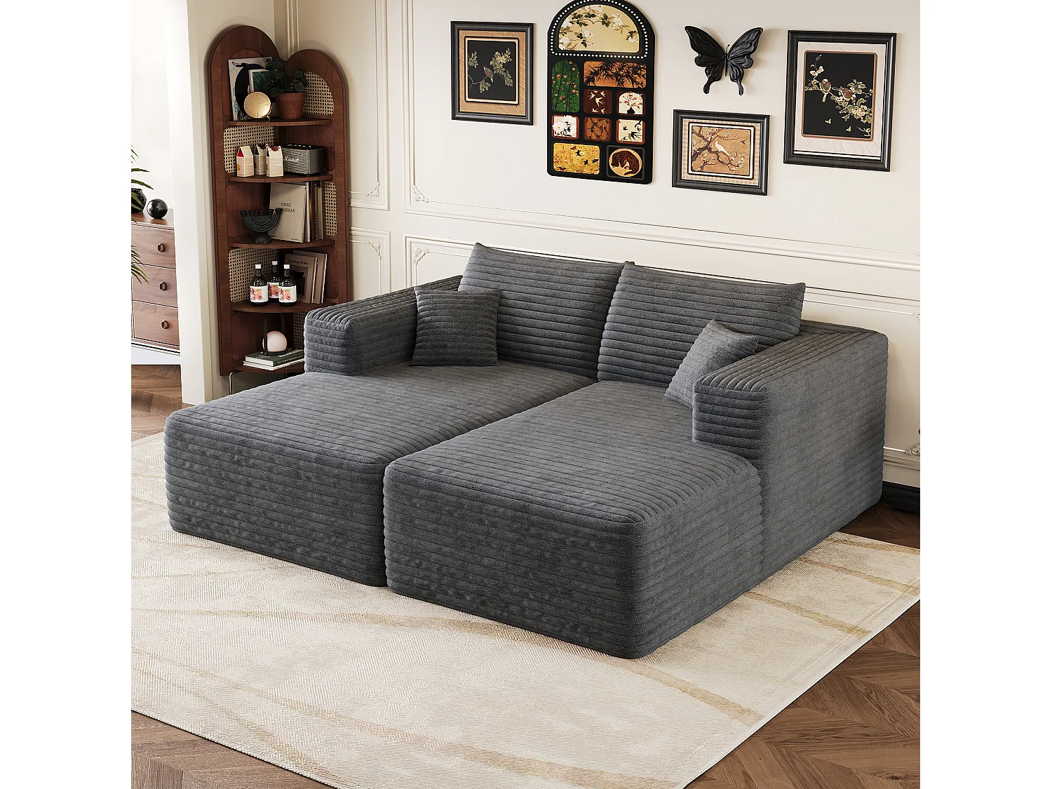 Canapé-lit en mousse pour salon, 180 × 151 cm, modulaire sans armature, style minimaliste moderne, en velours côtelé, gris foncé
