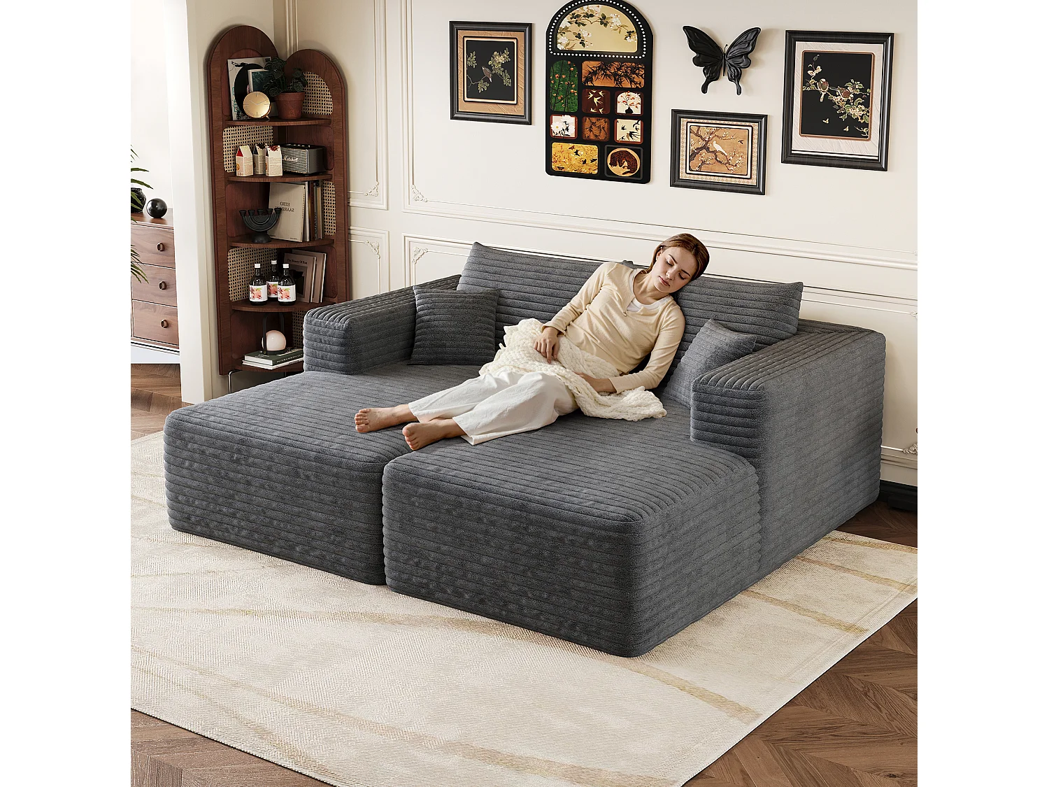 Canapé-lit en mousse pour salon, 180 × 151 cm, modulaire sans armature, style minimaliste moderne, en velours côtelé, gris foncé