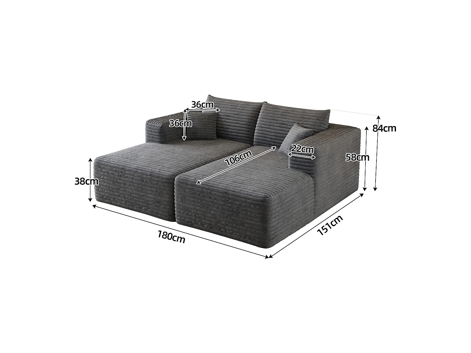 Canapé-lit en mousse pour salon, 180 × 151 cm, modulaire sans armature, style minimaliste moderne, en velours côtelé, gris foncé