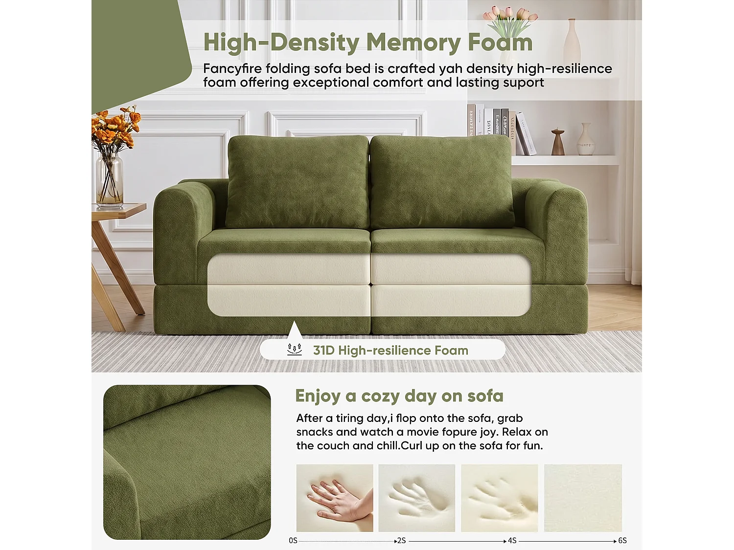 Canapé-lit convertible et pliable, fauteuil-lit multifonctionnel avec mousse à mémoire de forme et soutien dorsal,vert