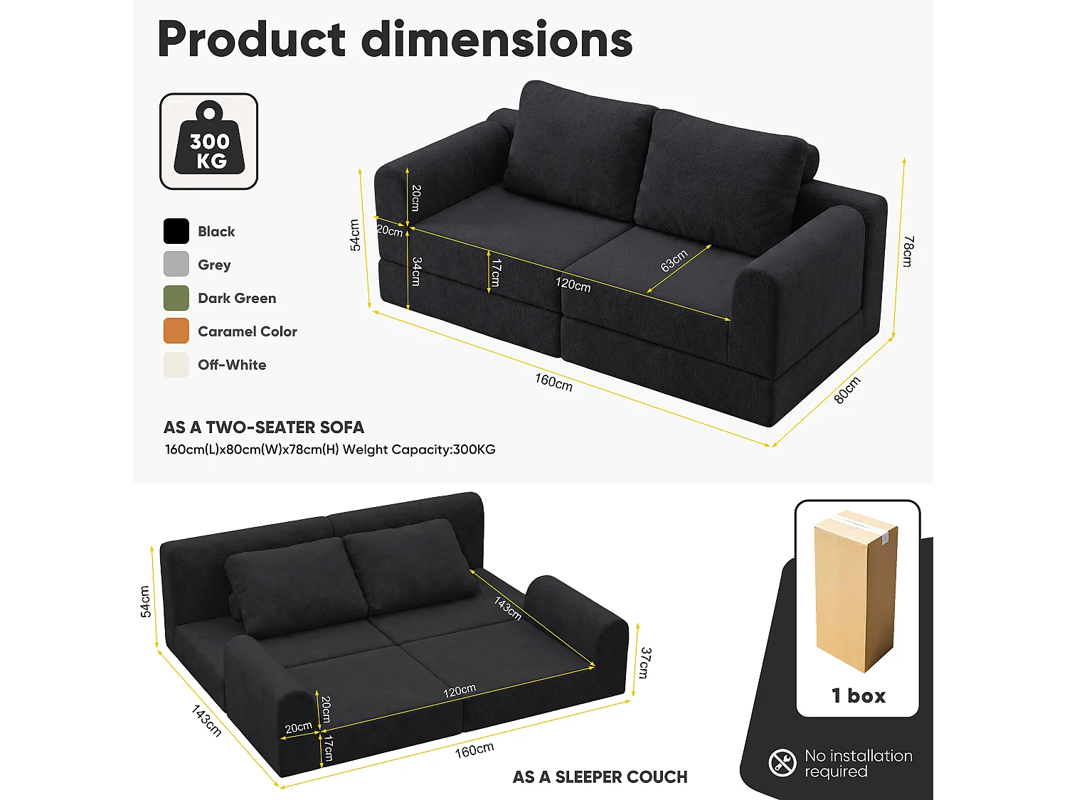 Canapé-lit convertible et pliable, fauteuil-lit multifonctionnel avec mousse à mémoire de forme et soutien dorsal,noir