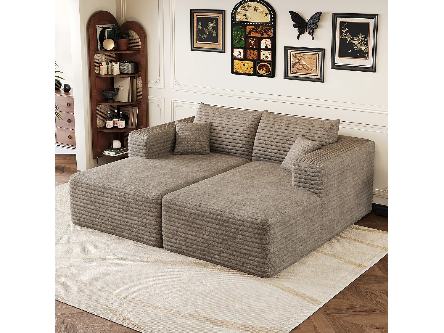 Canapé-lit en mousse pour salon, 180 × 151 cm, modulaire sans armature, style minimaliste moderne, en velours côtelé, couleur camel