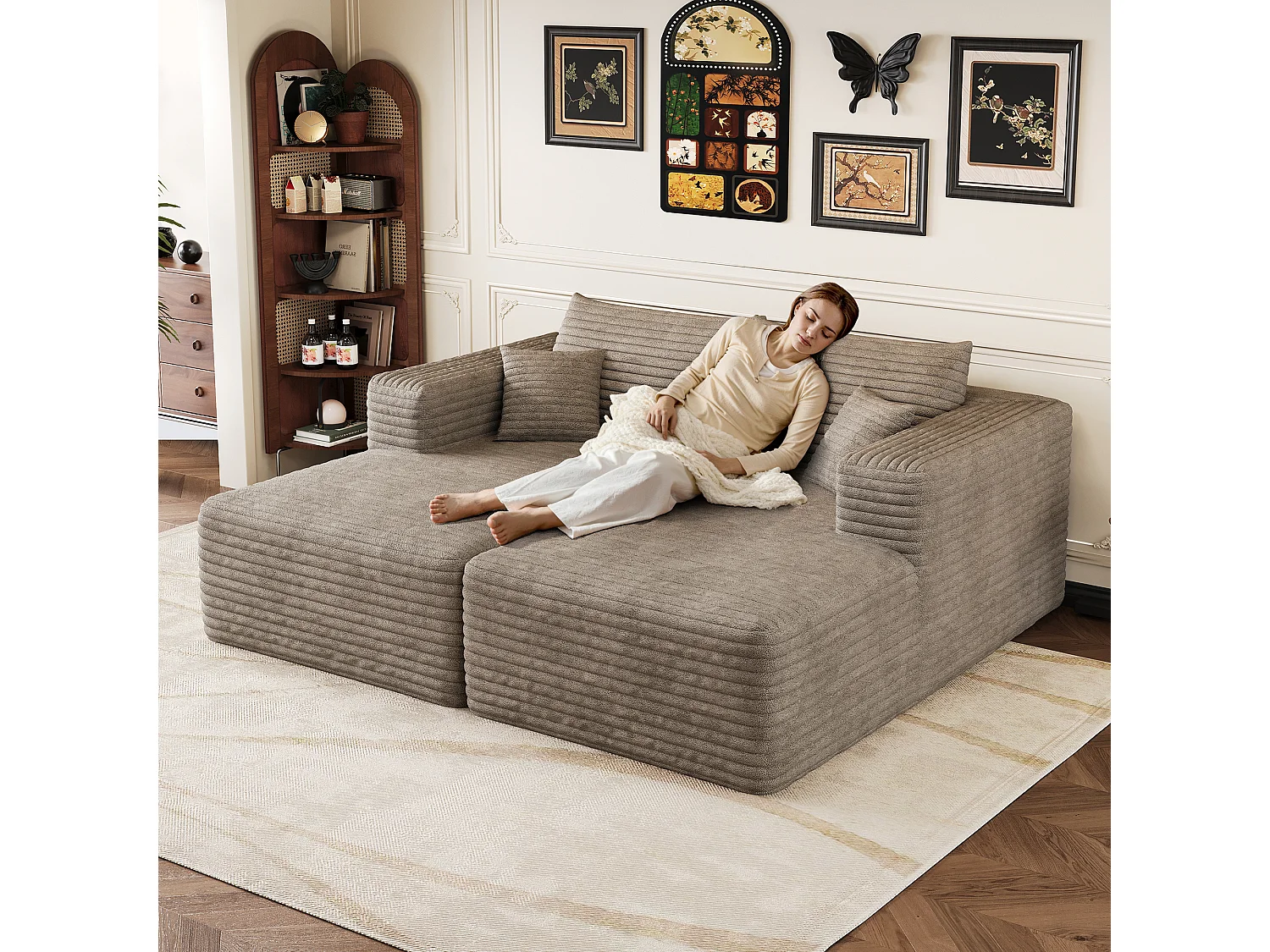 Canapé-lit en mousse pour salon, 180 × 151 cm, modulaire sans armature, style minimaliste moderne, en velours côtelé, couleur camel