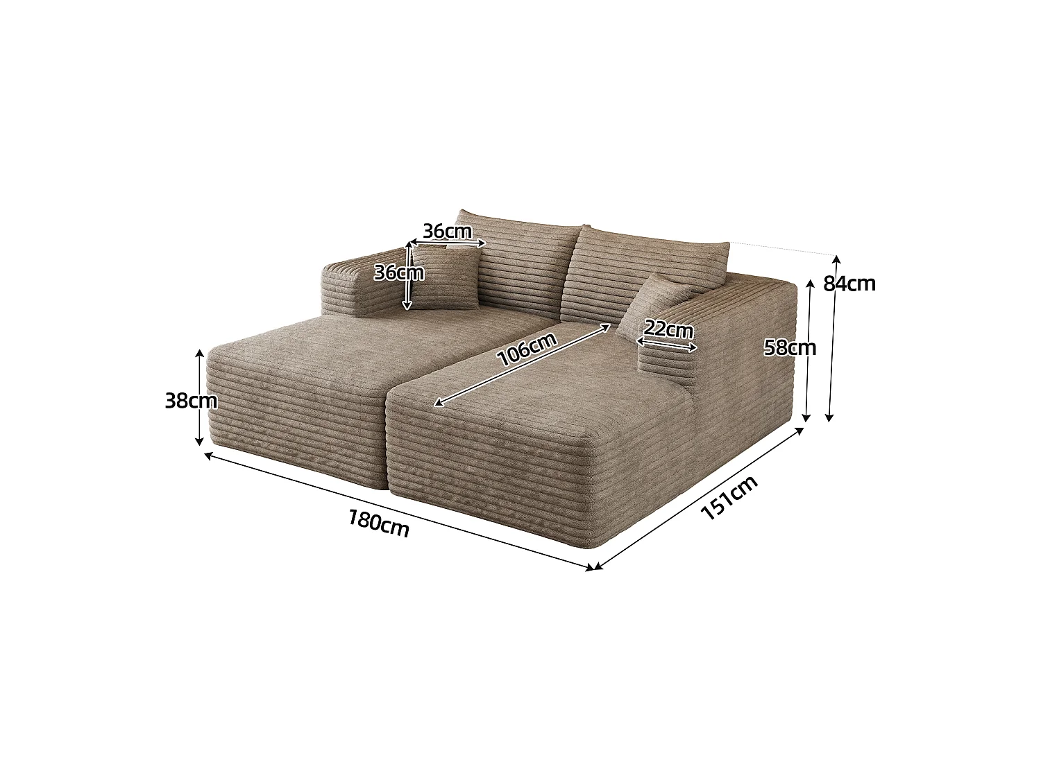 Canapé-lit en mousse pour salon, 180 × 151 cm, modulaire sans armature, style minimaliste moderne, en velours côtelé, couleur camel