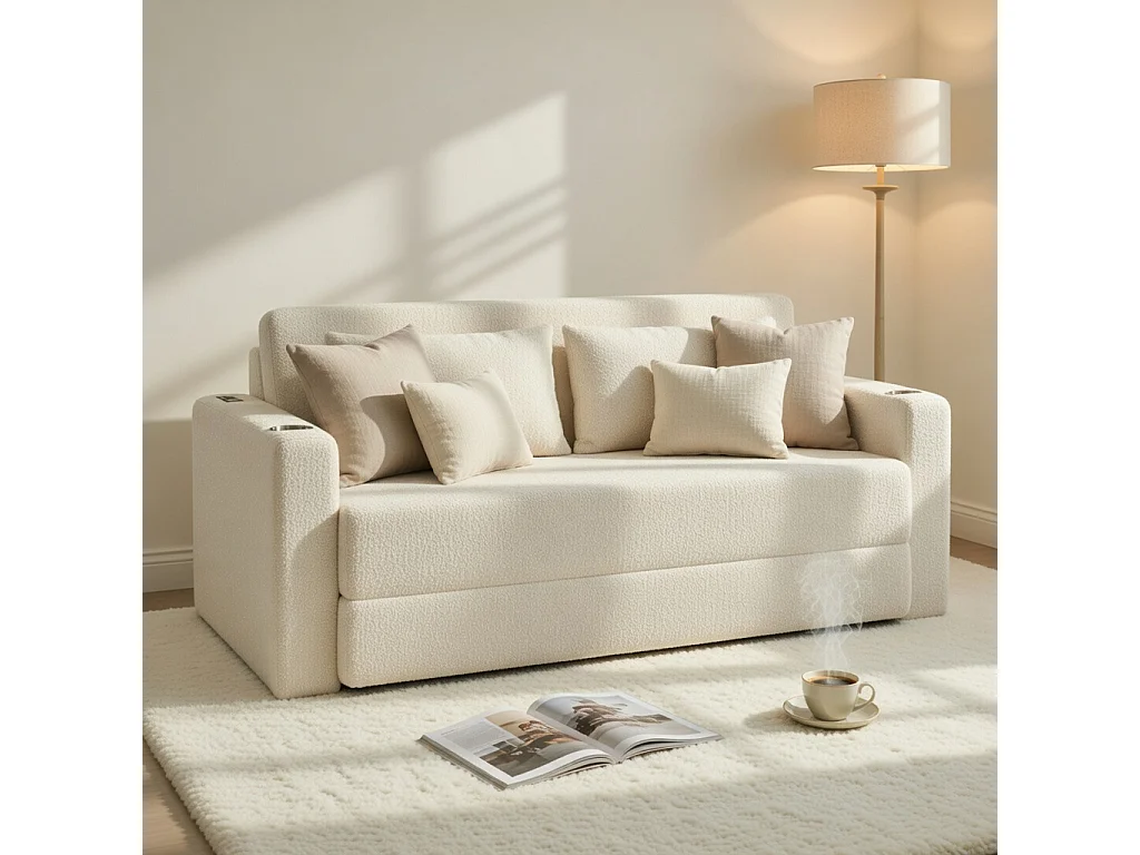 Canapé deux places, canapé pliant 2-en-1, tissu chenille, avec coussins de dossier, port USB, porte-revues, beige