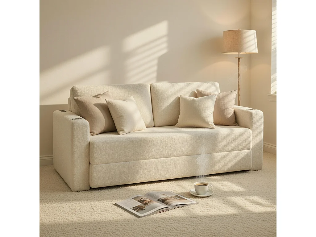 Canapé deux places, canapé pliant 2-en-1, tissu chenille, avec coussins de dossier, port USB, porte-revues, beige