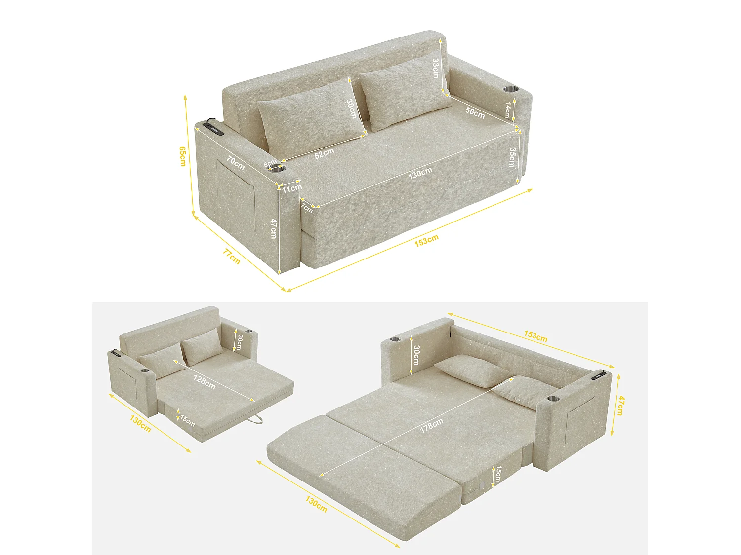 Canapé deux places, canapé pliant 2-en-1, tissu chenille, avec coussins de dossier, port USB, porte-revues, beige
