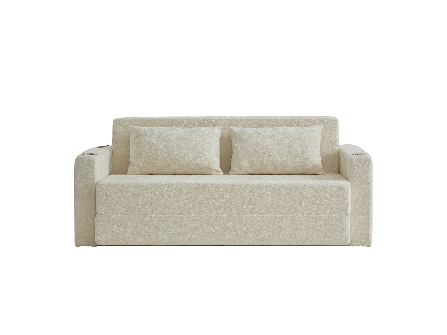 Canapé deux places, canapé pliant 2-en-1, tissu chenille, avec coussins de dossier, port USB, porte-revues, beige