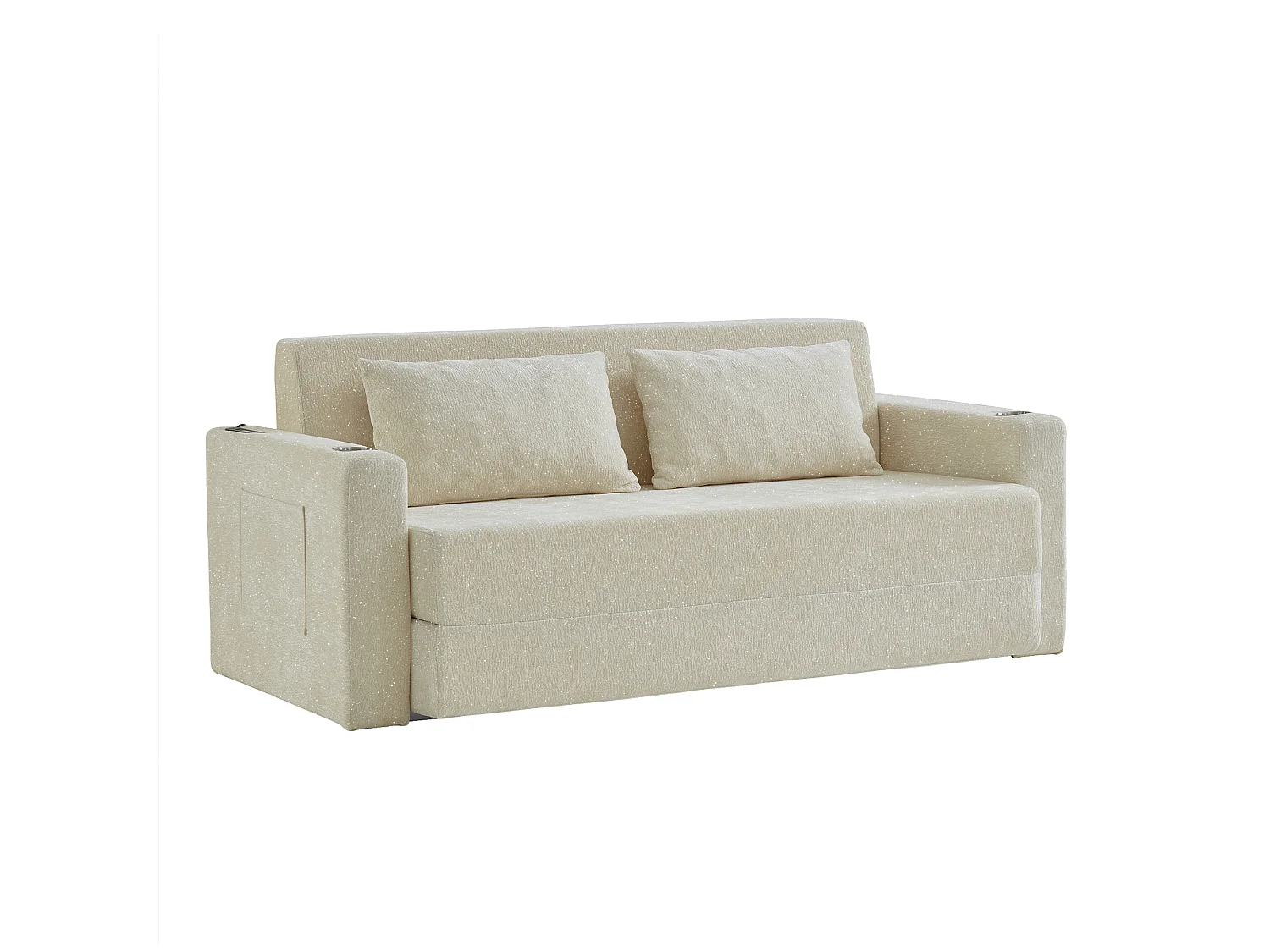 Canapé deux places, canapé pliant 2-en-1, tissu chenille, avec coussins de dossier, port USB, porte-revues, beige