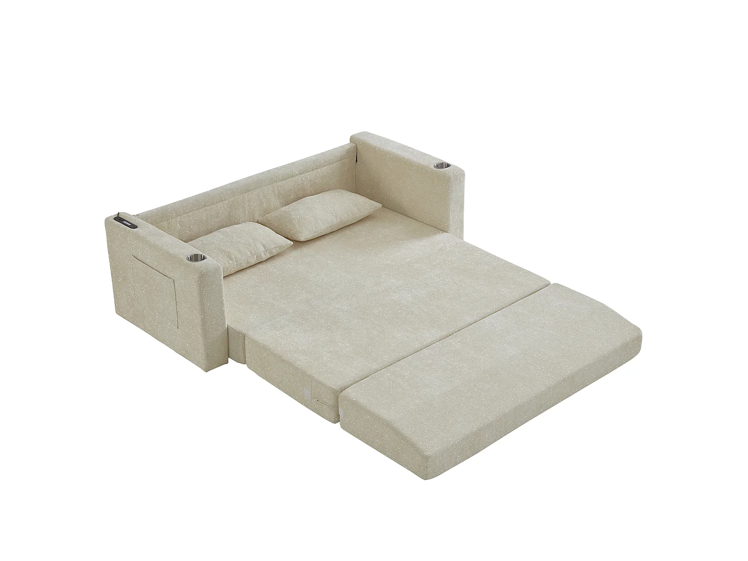 Canapé deux places, canapé pliant 2-en-1, tissu chenille, avec coussins de dossier, port USB, porte-revues, beige