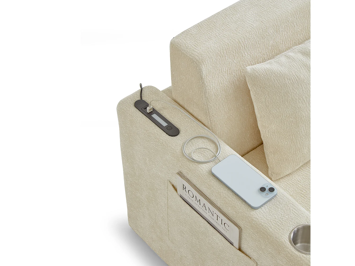 Canapé deux places, canapé pliant 2-en-1, tissu chenille, avec coussins de dossier, port USB, porte-revues, beige
