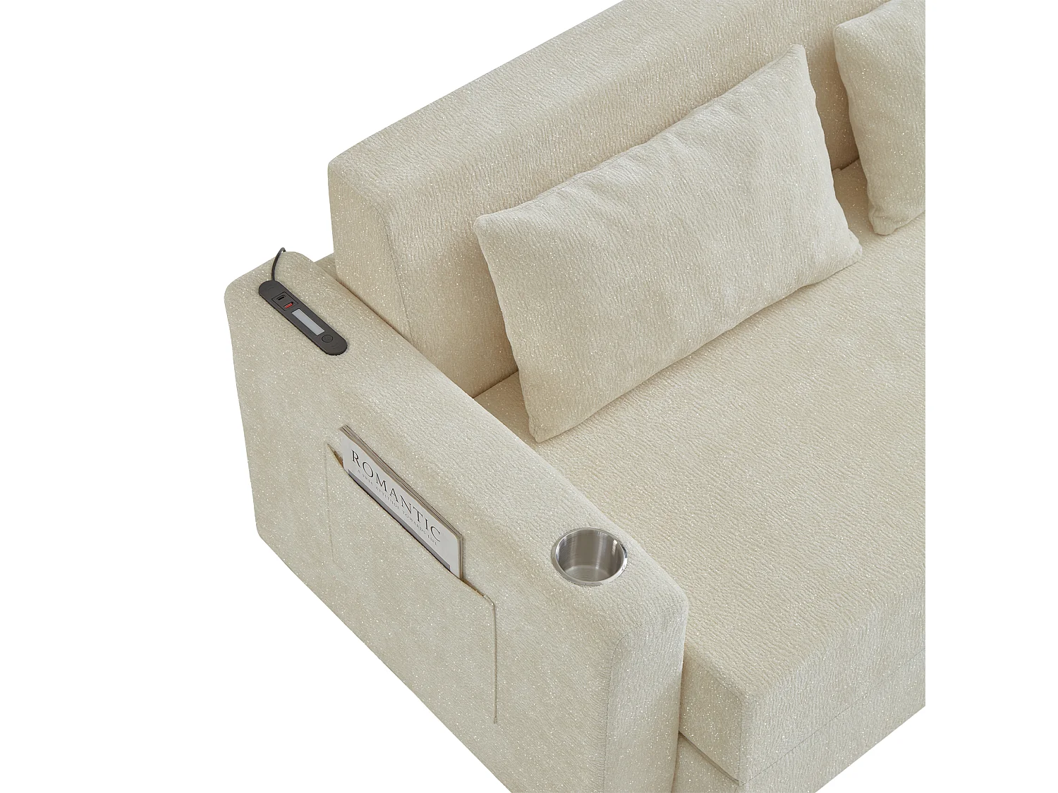 Canapé deux places, canapé pliant 2-en-1, tissu chenille, avec coussins de dossier, port USB, porte-revues, beige