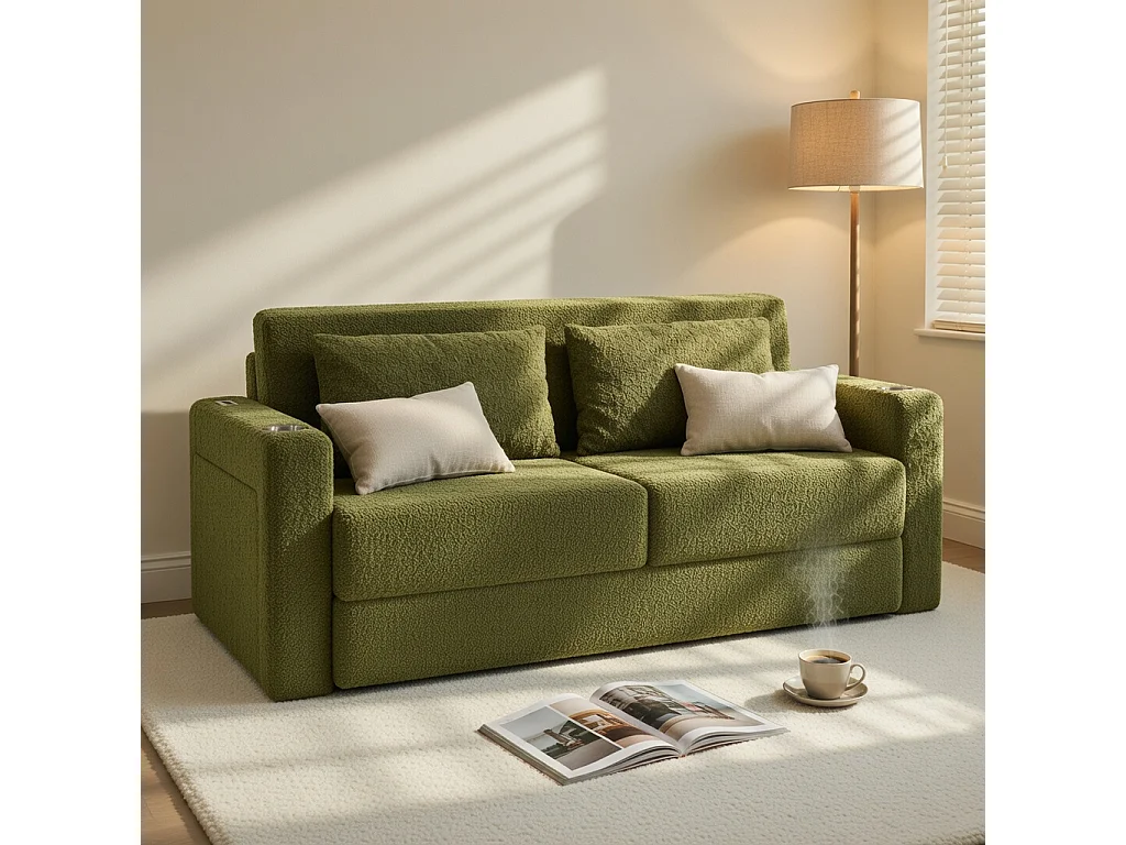 Canapé deux places, canapé pliant 2-en-1, tissu chenille, avec coussins de dossier, port USB, porte-revues, vert