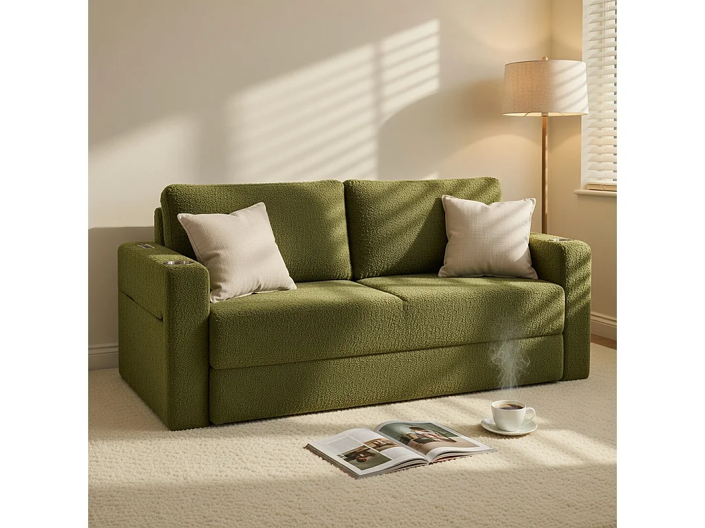 Canapé deux places, canapé pliant 2-en-1, tissu chenille, avec coussins de dossier, port USB, porte-revues, vert