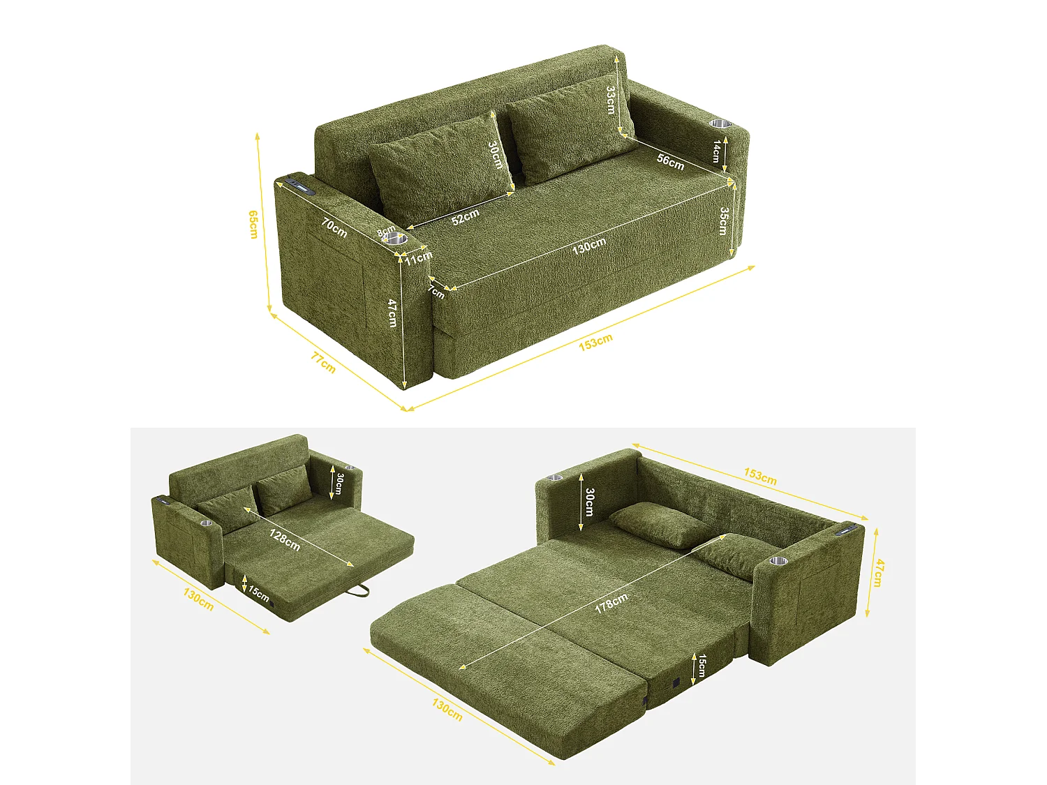 Canapé deux places, canapé pliant 2-en-1, tissu chenille, avec coussins de dossier, port USB, porte-revues, vert