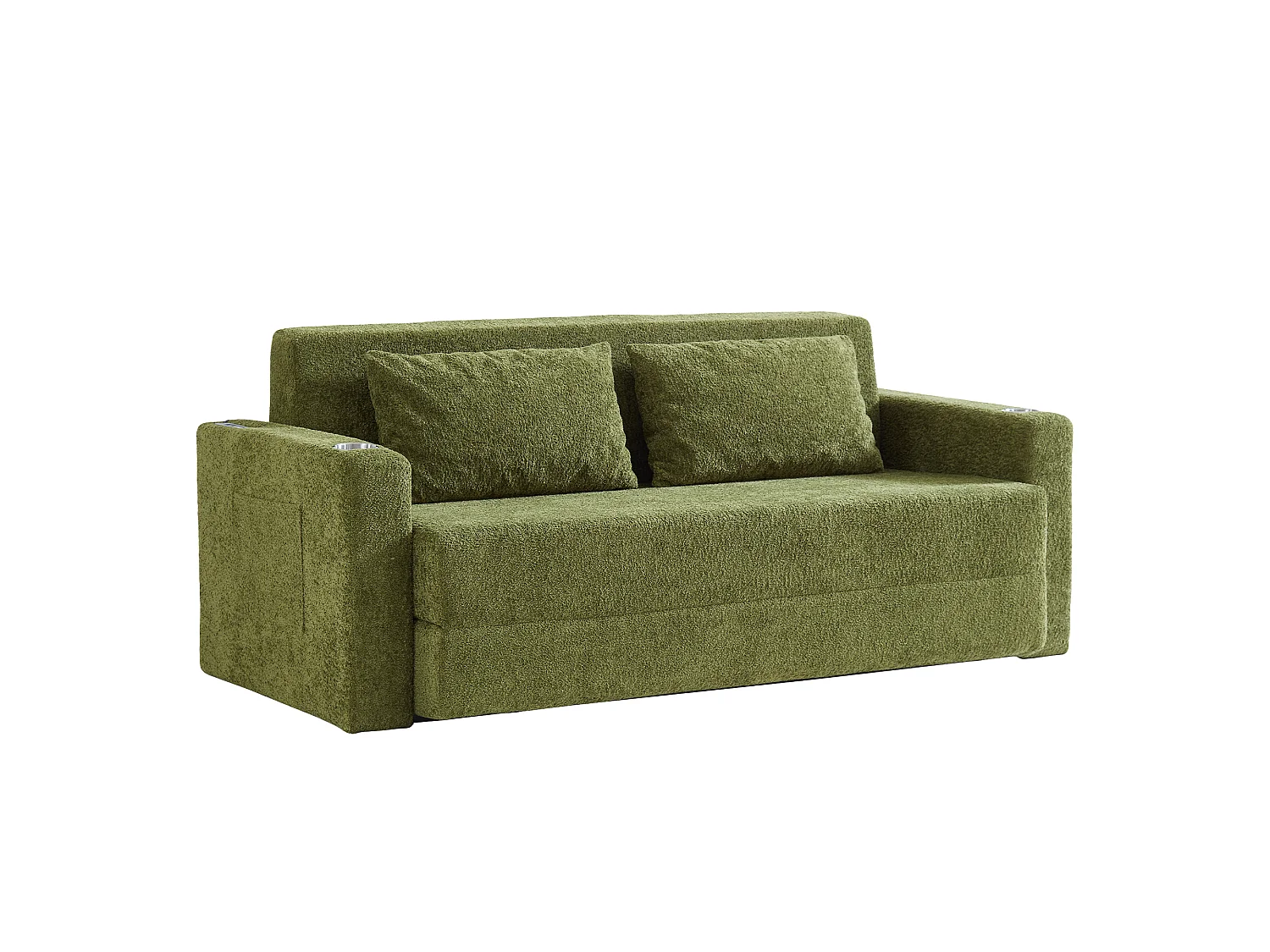 Canapé deux places, canapé pliant 2-en-1, tissu chenille, avec coussins de dossier, port USB, porte-revues, vert