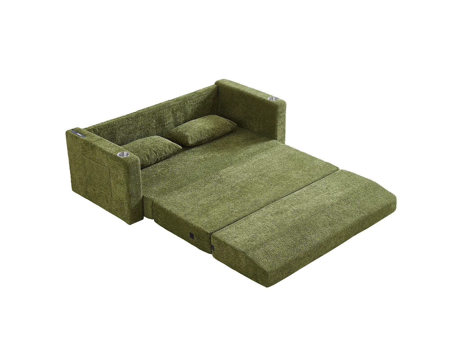 Canapé deux places, canapé pliant 2-en-1, tissu chenille, avec coussins de dossier, port USB, porte-revues, vert