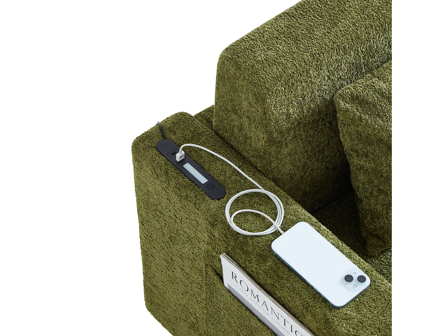Canapé deux places, canapé pliant 2-en-1, tissu chenille, avec coussins de dossier, port USB, porte-revues, vert