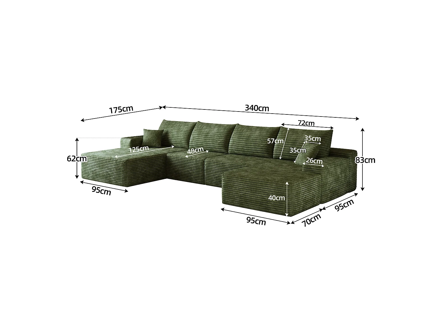Canapé d'angle modulaire, en L à gauche, 5 places + un repose-pieds, coussins d'assise profonds, prêt à l'emploi, vert
