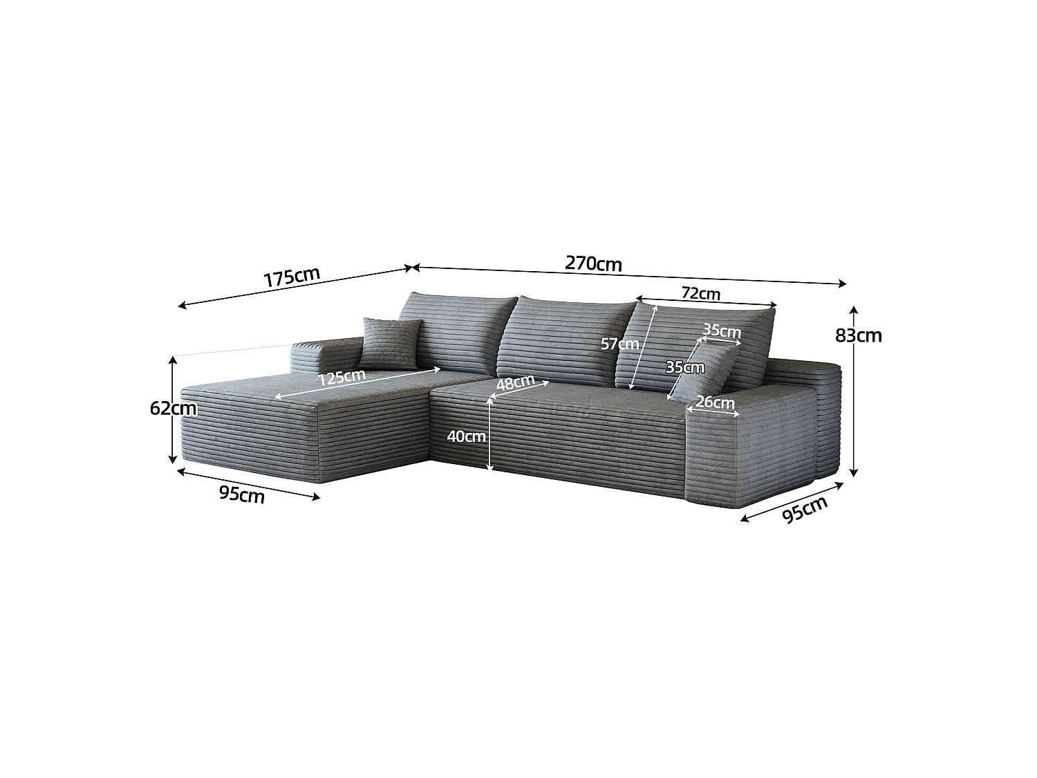 Canapé d'angle modulaire sans armature, avec partie en L à gauche, assise profonde, prêt à l'emploi, gris