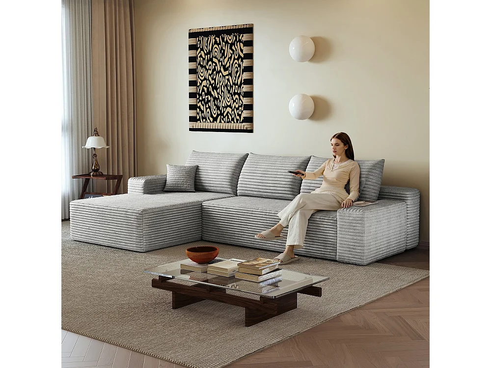 Canapé d'angle modulaire sans armature, avec partie en L à gauche, assise profonde, prêt à l'emploi, gris