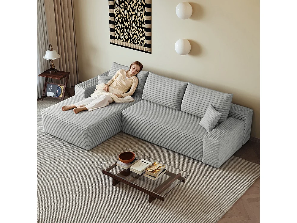 Canapé d'angle modulaire sans armature, avec partie en L à gauche, assise profonde, prêt à l'emploi, gris