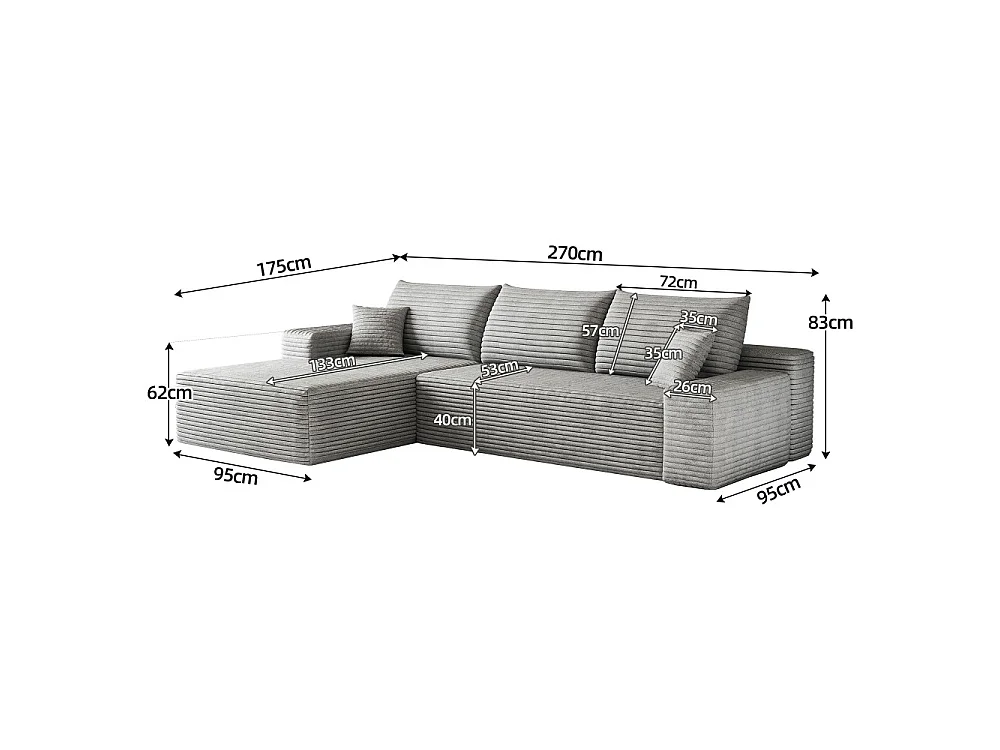 Canapé d'angle modulaire sans armature, avec partie en L à gauche, assise profonde, prêt à l'emploi, gris