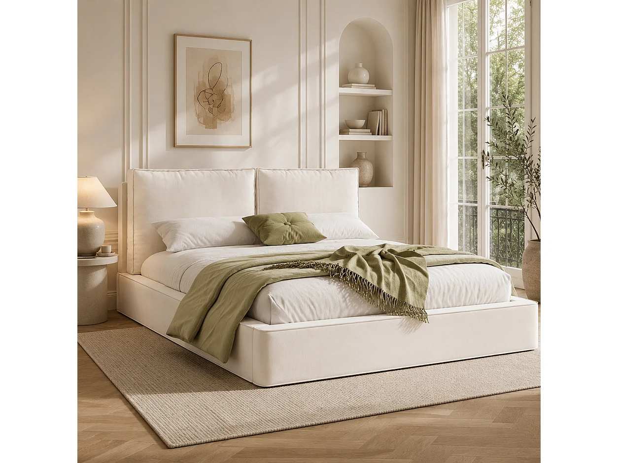 Letto matrimoniale imbottito, con rete a doghe, testiera imbottita, tessuto ciniglia, beige - 180 × 200 cm