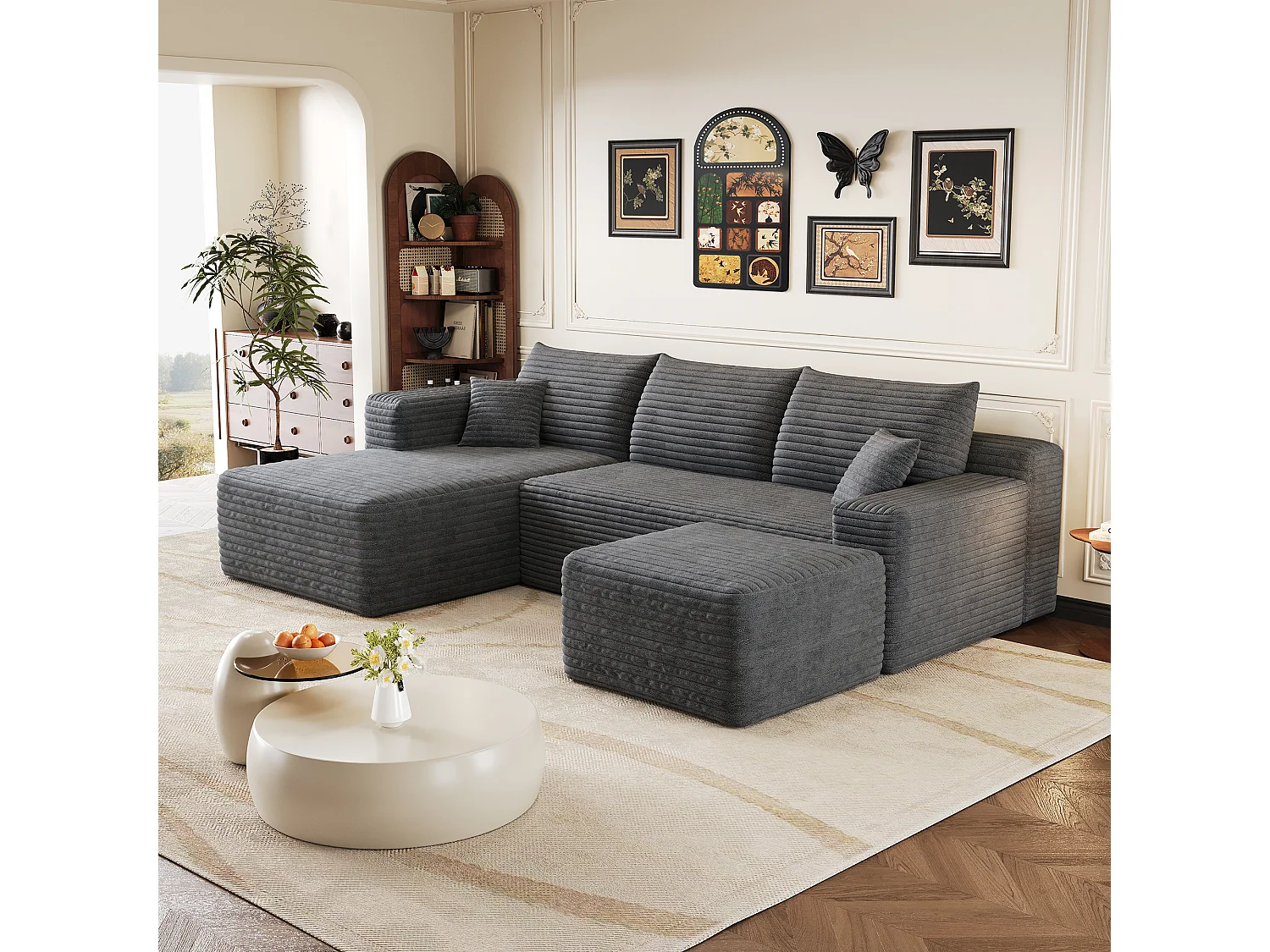 Canapé en L avec méridienne à gauche, assise profonde, style minimaliste moderne, motif « nuages », prêt à l'emploi, gris foncé