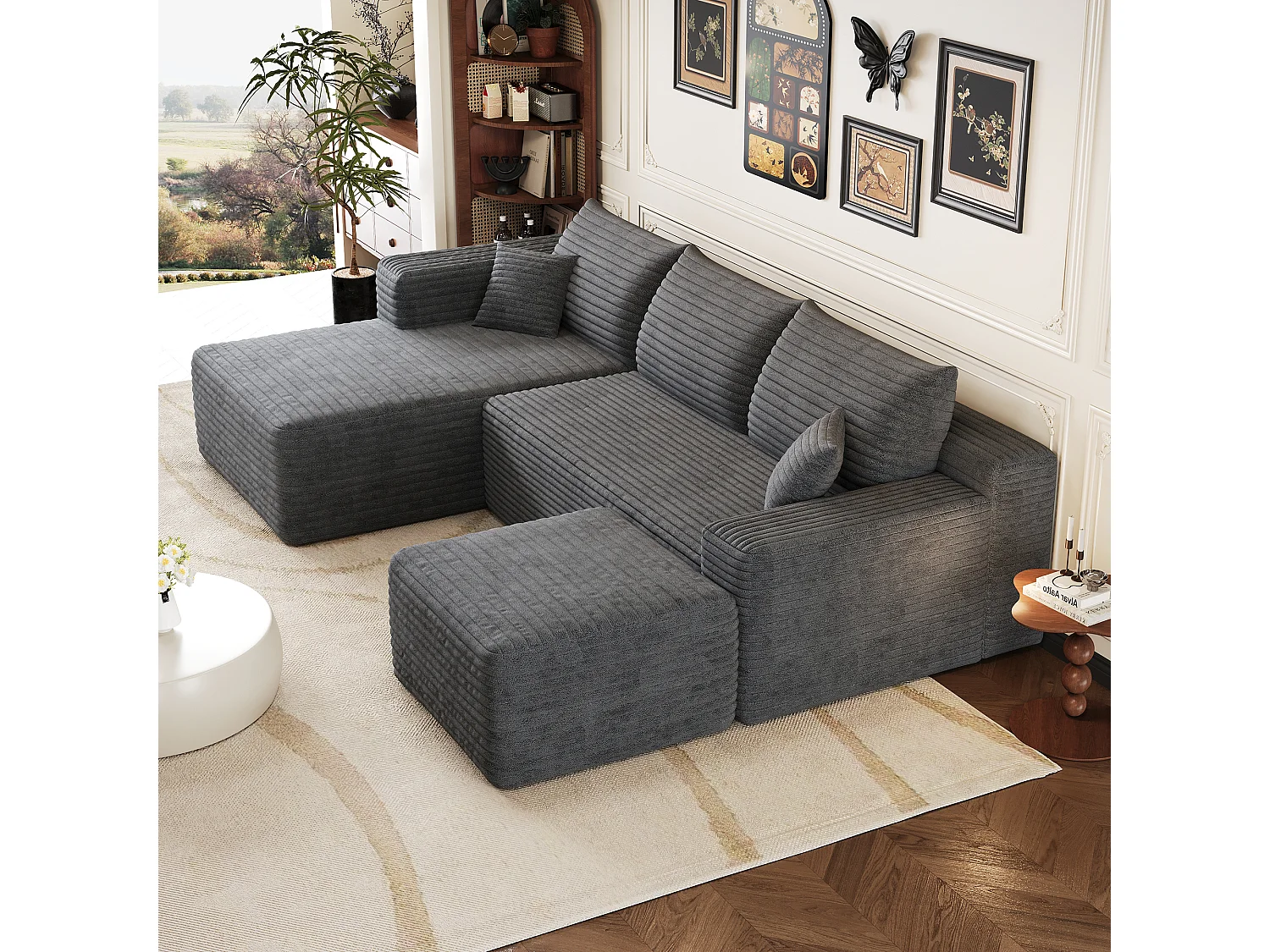 Canapé en L avec méridienne à gauche, assise profonde, style minimaliste moderne, motif « nuages », prêt à l'emploi, gris foncé