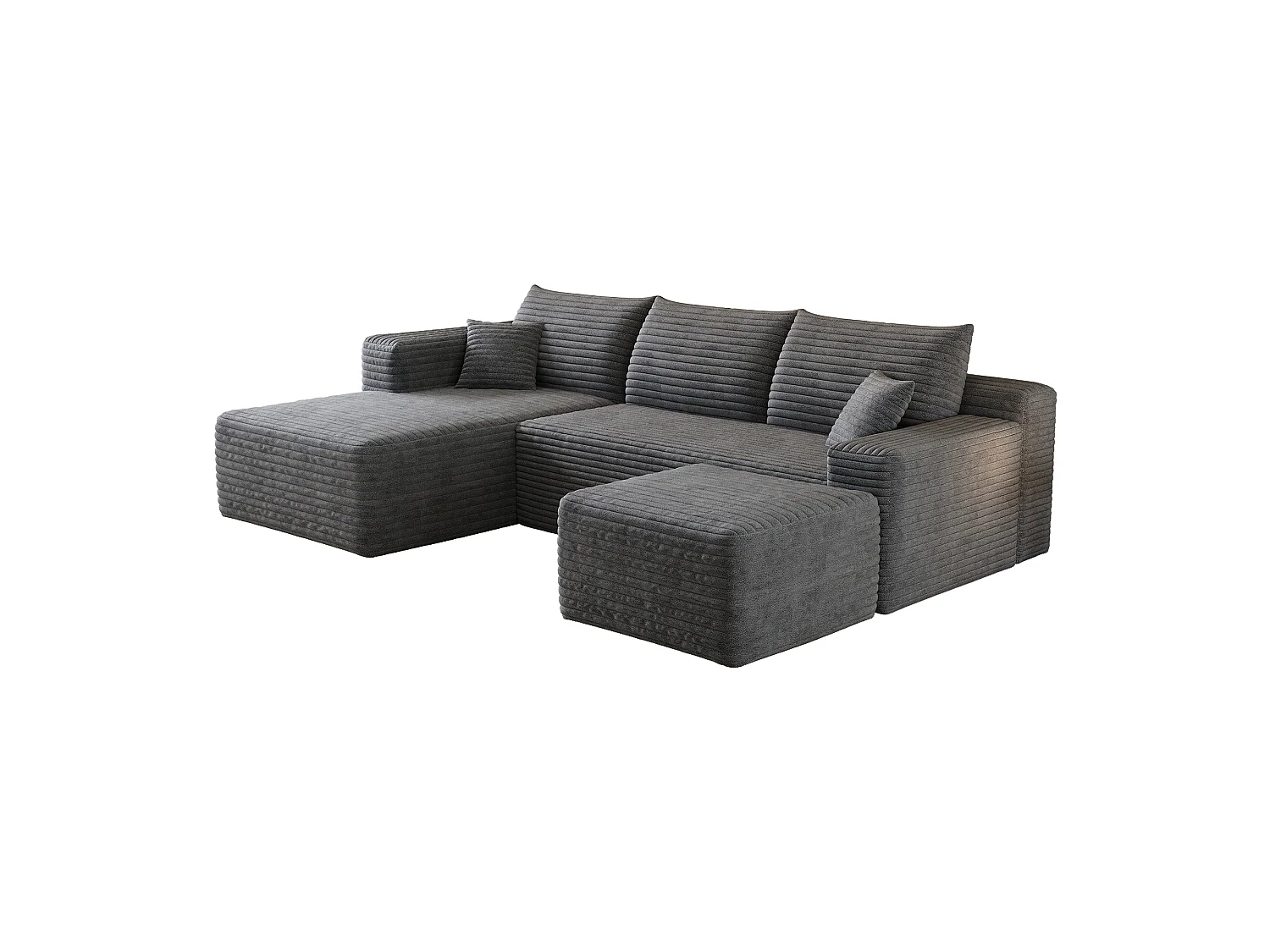 Canapé en L avec méridienne à gauche, assise profonde, style minimaliste moderne, motif « nuages », prêt à l'emploi, gris foncé