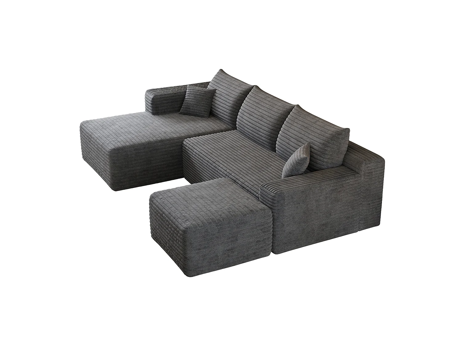 Canapé en L avec méridienne à gauche, assise profonde, style minimaliste moderne, motif « nuages », prêt à l'emploi, gris foncé