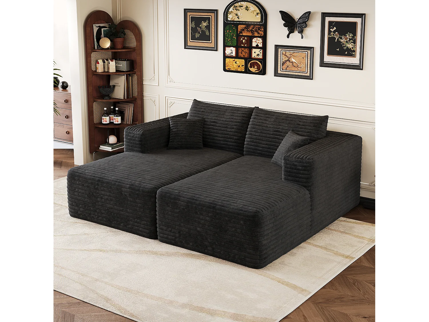 Canapé-lit en mousse pour salon, 180 × 151 cm, modulaire sans armature, style minimaliste moderne, en velours côtelé, noir