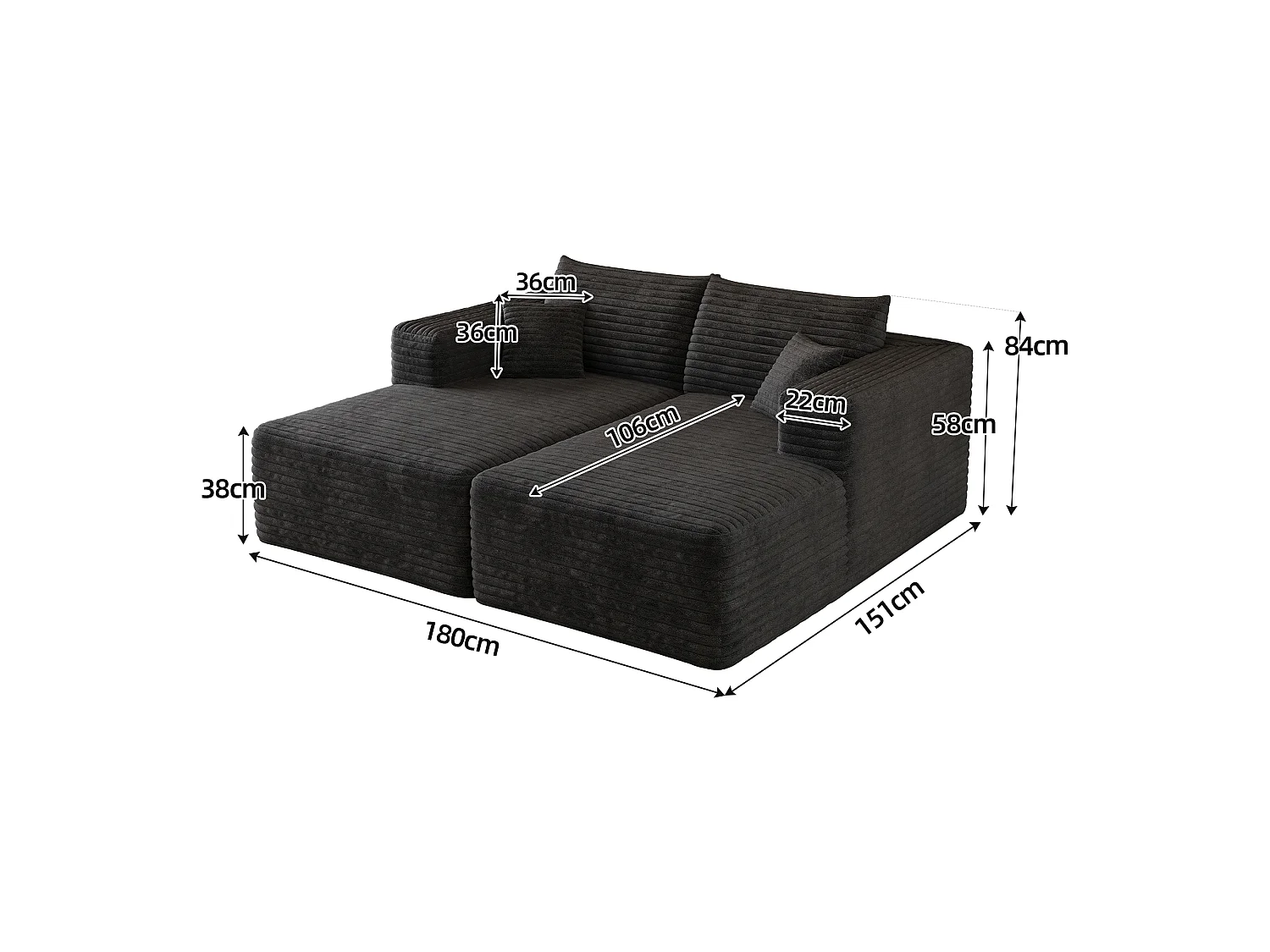 Canapé-lit en mousse pour salon, 180 × 151 cm, modulaire sans armature, style minimaliste moderne, en velours côtelé, noir