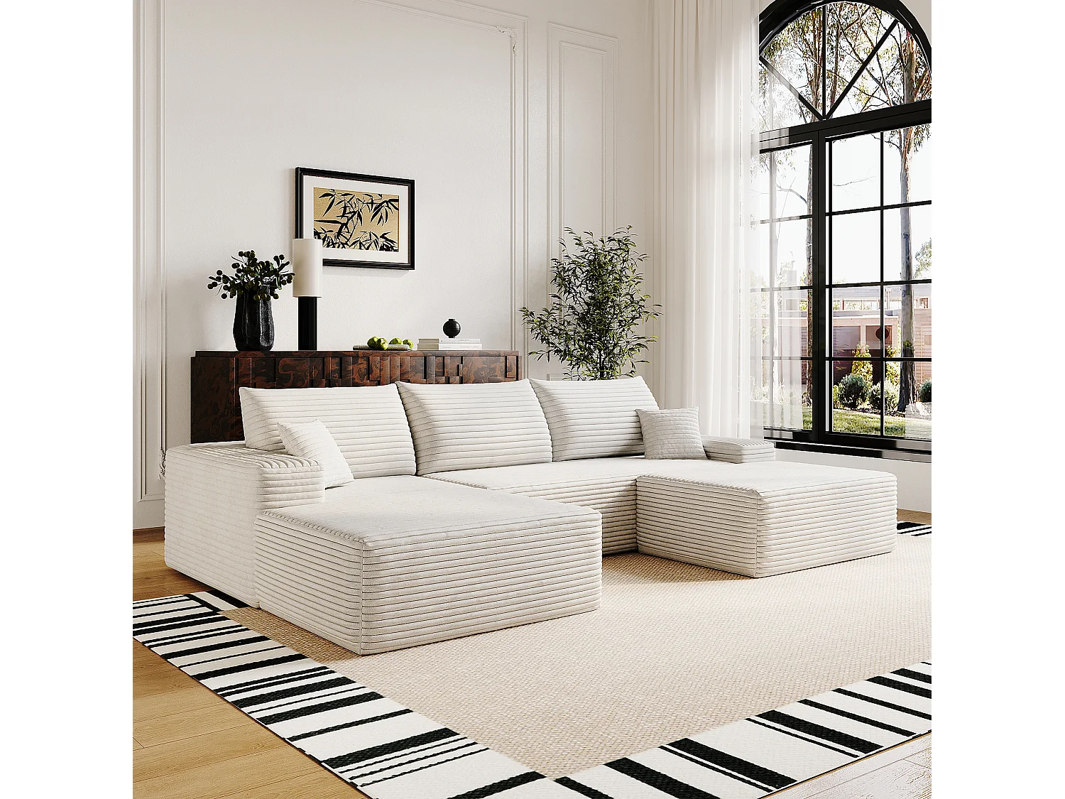 Canapé d'angle sans armature, en L à gauche, avec des coussins d'assise profonds, 2 places + 1 repose-pieds, prêt à l'emploi, blanc