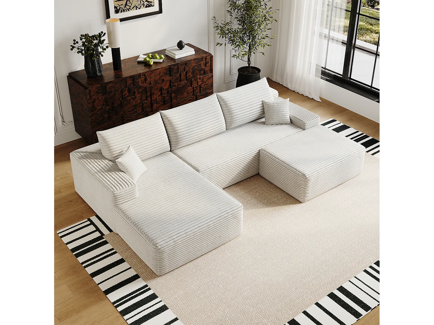 Canapé d'angle sans armature, en L à gauche, avec des coussins d'assise profonds, 2 places + 1 repose-pieds, prêt à l'emploi, blanc