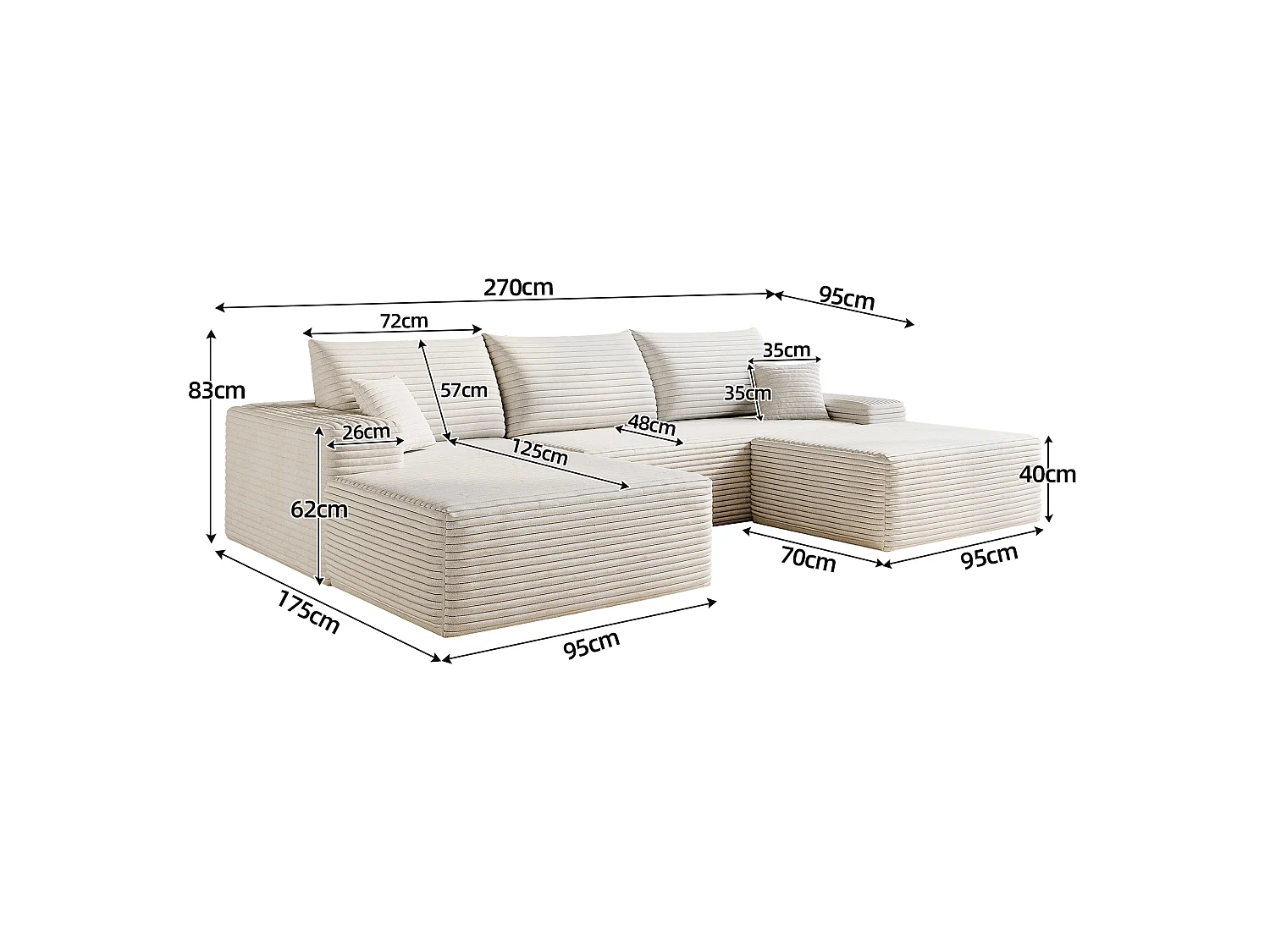Canapé d'angle sans armature, en L à gauche, avec des coussins d'assise profonds, 2 places + 1 repose-pieds, prêt à l'emploi, blanc