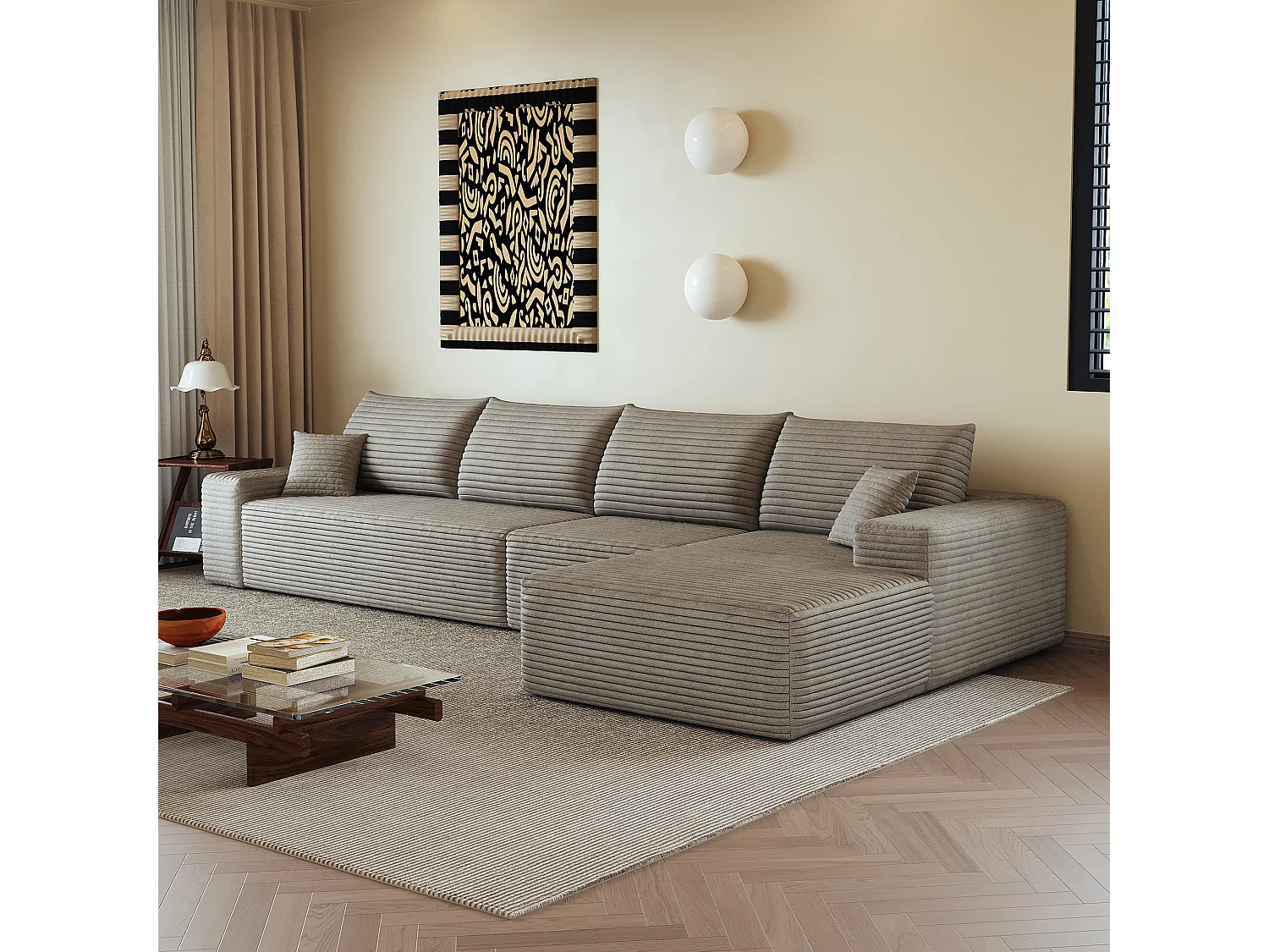 Canapé d'angle modulaire sans armature, en L à droite, avec des coussins d'assise profonds, prêt à l'emploi, couleur camel