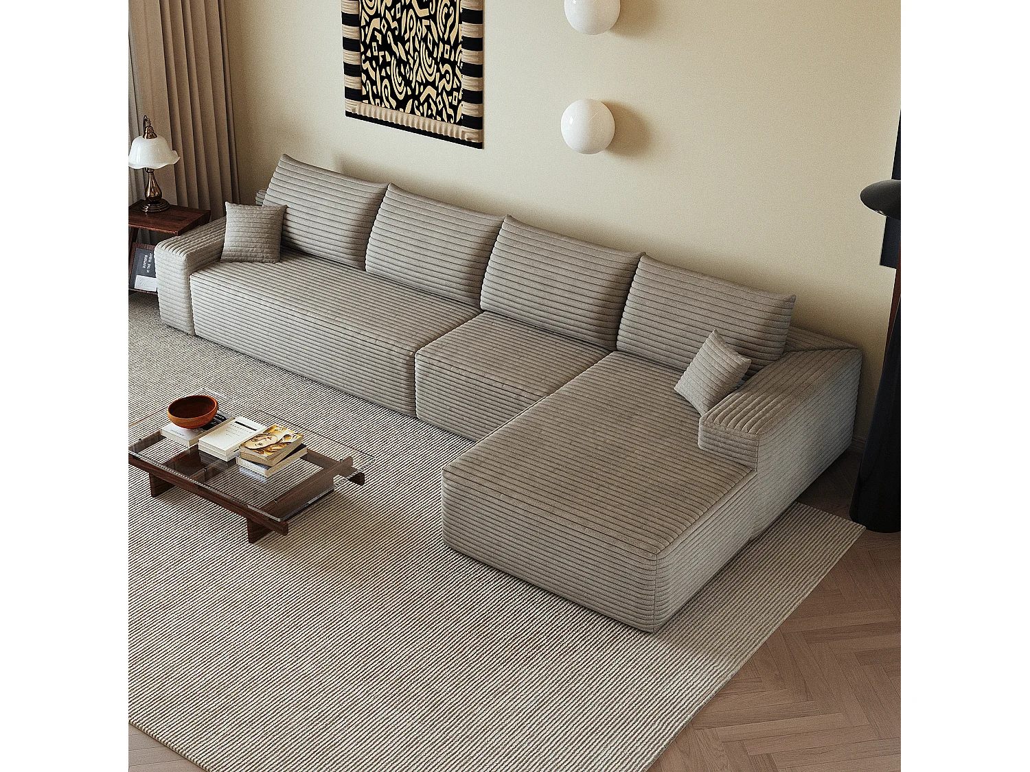 Canapé d'angle modulaire sans armature, en L à droite, avec des coussins d'assise profonds, prêt à l'emploi, couleur camel