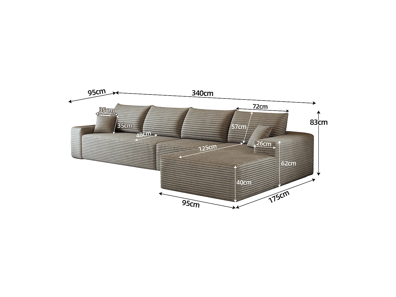 Canapé d'angle modulaire sans armature, en L à droite, avec des coussins d'assise profonds, prêt à l'emploi, couleur camel